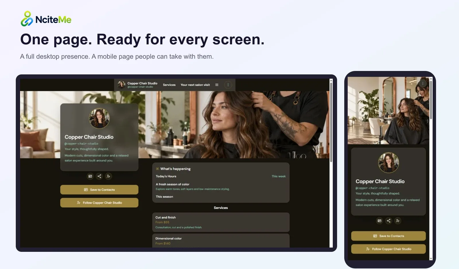 Copper Chair Studio, a fictional salon example, on a desktop page and on a phone.