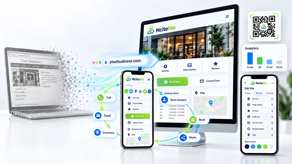 An outdated website transforming into a mobile-connected NciteMe Smart Bio with call, maps, booking, QR, and analytics